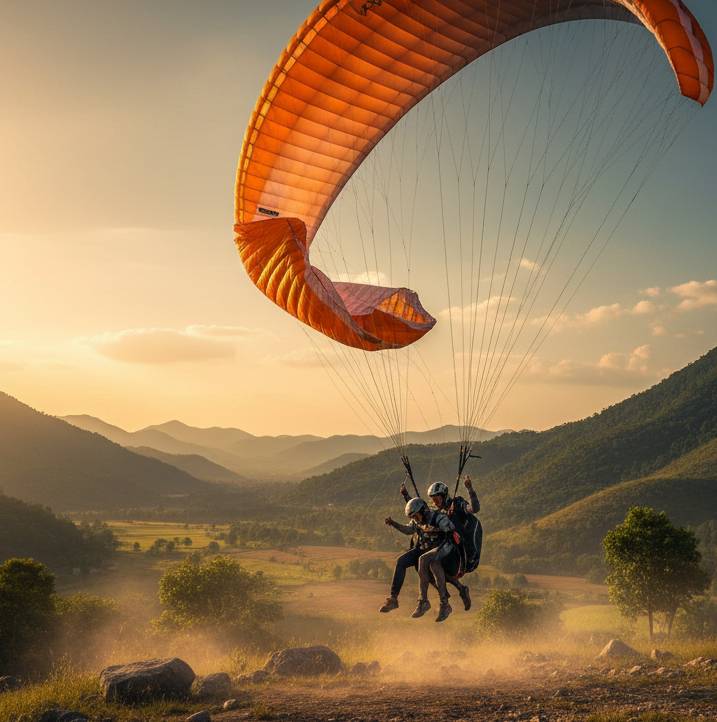 Illustrative paramotor scene over Laos landscape used by laoparamotor.com for safety awareness and risk education